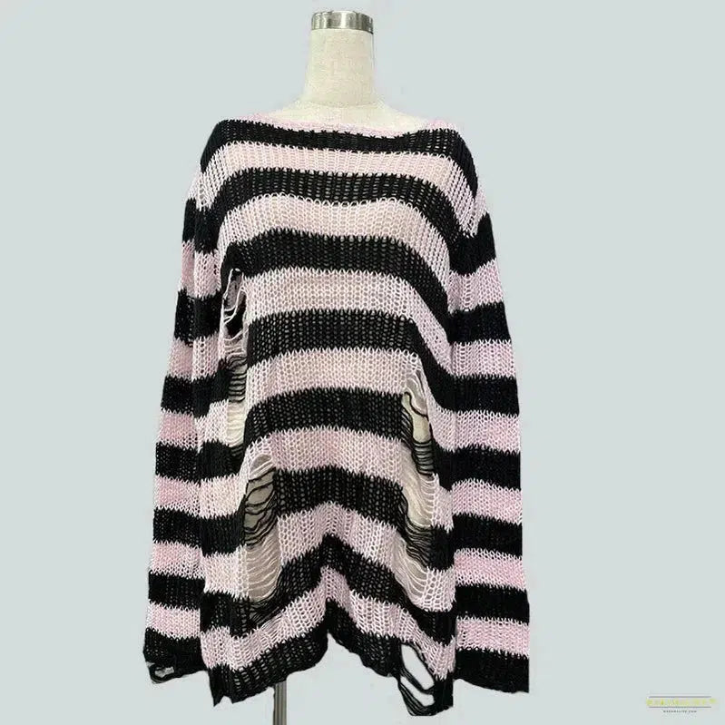 New Punk Gothic Long Sweater Women Dark Aesthetic Striped Pullovers Hollow Out Oversized Grunge Jumpers Emo Alt Clothes Y2k Tops