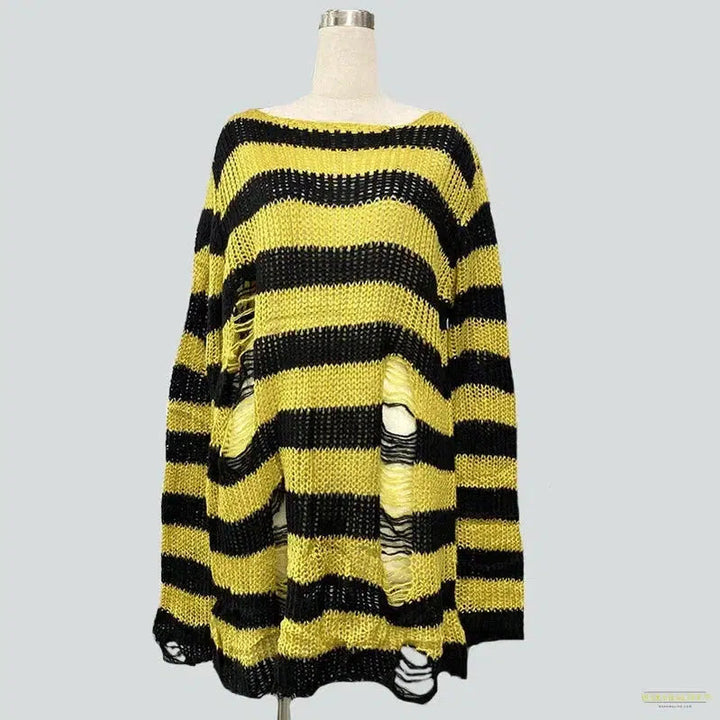 New Punk Gothic Long Sweater Women Dark Aesthetic Striped Pullovers Hollow Out Oversized Grunge Jumpers Emo Alt Clothes Y2k Tops