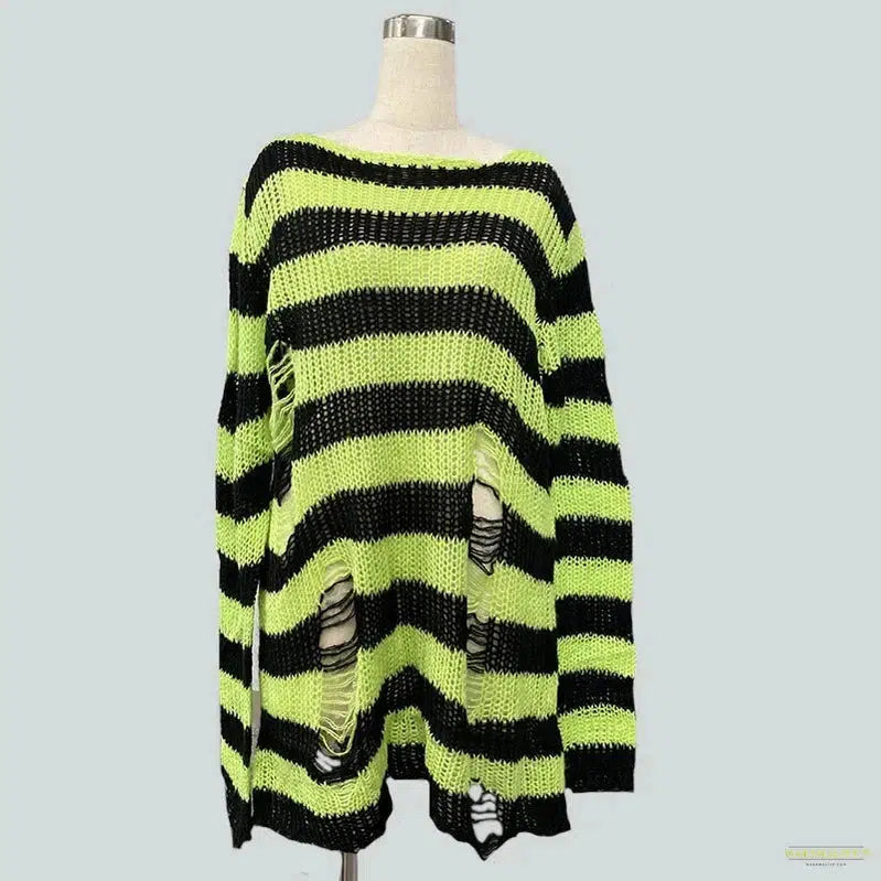 New Punk Gothic Long Sweater Women Dark Aesthetic Striped Pullovers Hollow Out Oversized Grunge Jumpers Emo Alt Clothes Y2k Tops