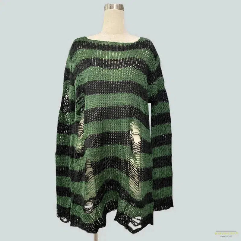 New Punk Gothic Long Sweater Women Dark Aesthetic Striped Pullovers Hollow Out Oversized Grunge Jumpers Emo Alt Clothes Y2k Tops