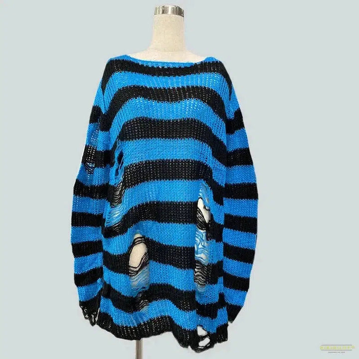 New Punk Gothic Long Sweater Women Dark Aesthetic Striped Pullovers Hollow Out Oversized Grunge Jumpers Emo Alt Clothes Y2k Tops