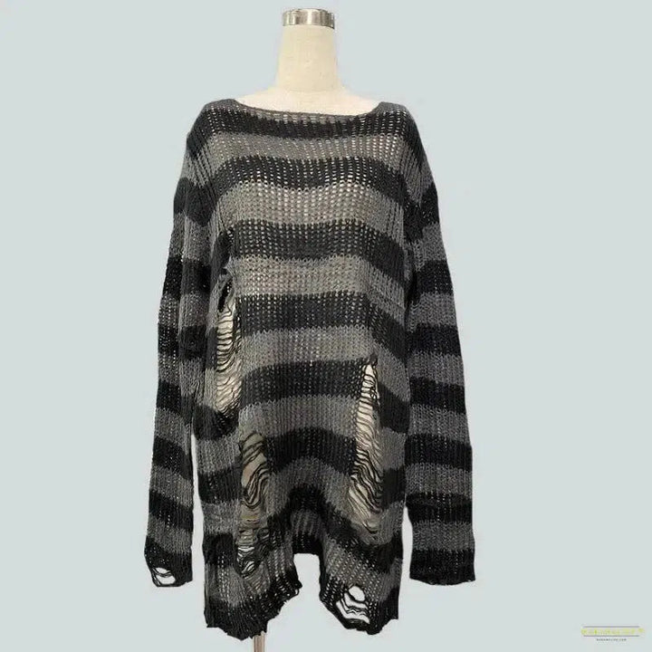 New Punk Gothic Long Sweater Women Dark Aesthetic Striped Pullovers Hollow Out Oversized Grunge Jumpers Emo Alt Clothes Y2k Tops