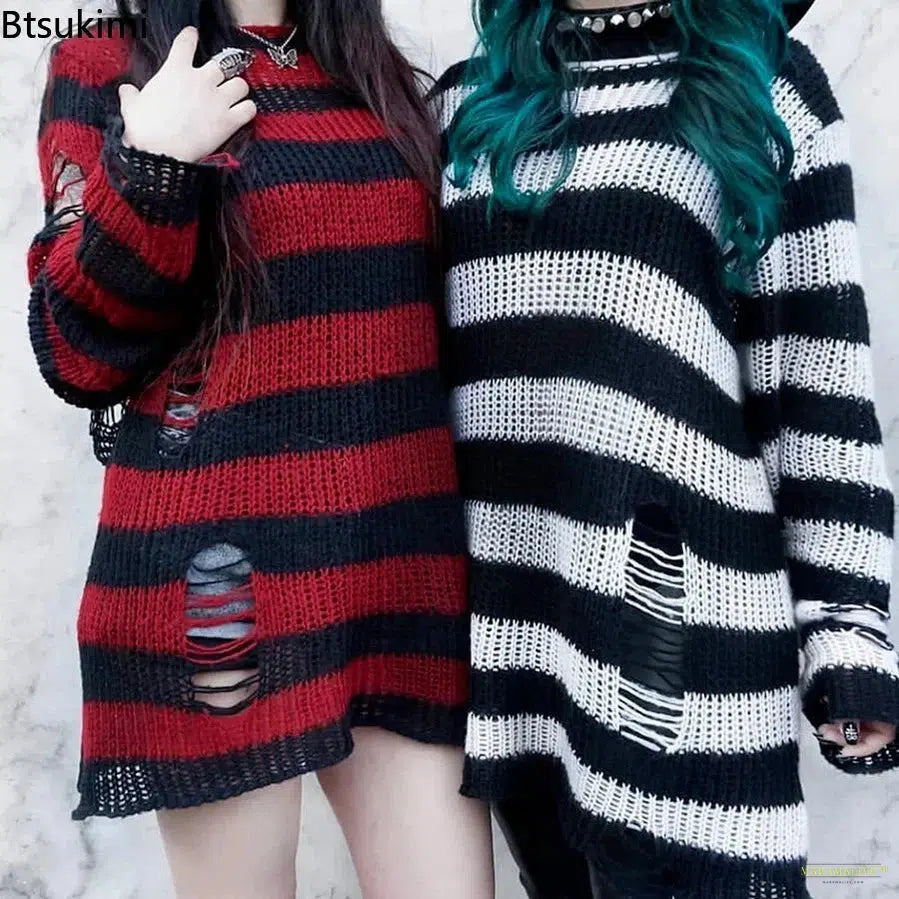 New Punk Gothic Long Sweater Women Dark Aesthetic Striped Pullovers Hollow Out Oversized Grunge Jumpers Emo Alt Clothes Y2k Tops