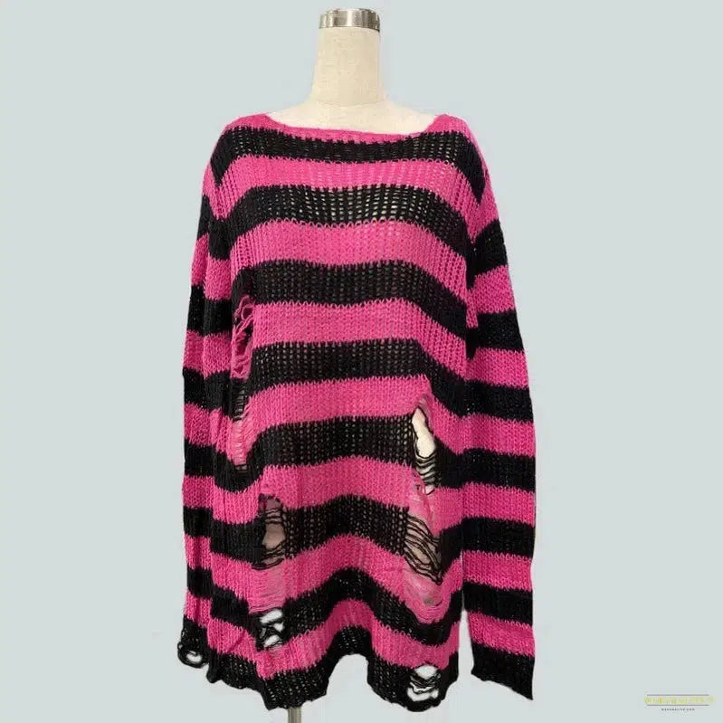 New Punk Gothic Long Sweater Women Dark Aesthetic Striped Pullovers Hollow Out Oversized Grunge Jumpers Emo Alt Clothes Y2k Tops