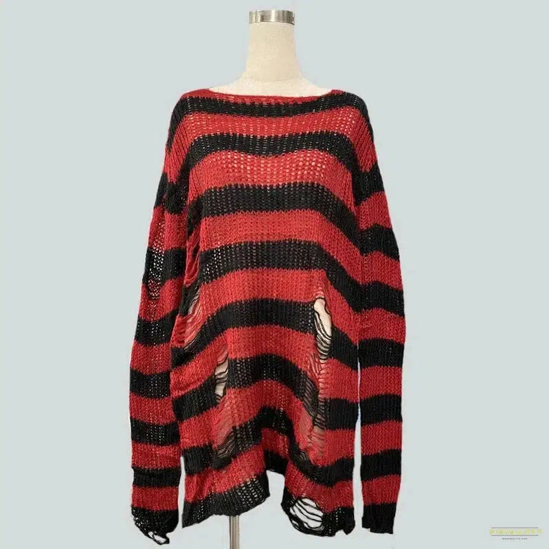 New Punk Gothic Long Sweater Women Dark Aesthetic Striped Pullovers Hollow Out Oversized Grunge Jumpers Emo Alt Clothes Y2k Tops