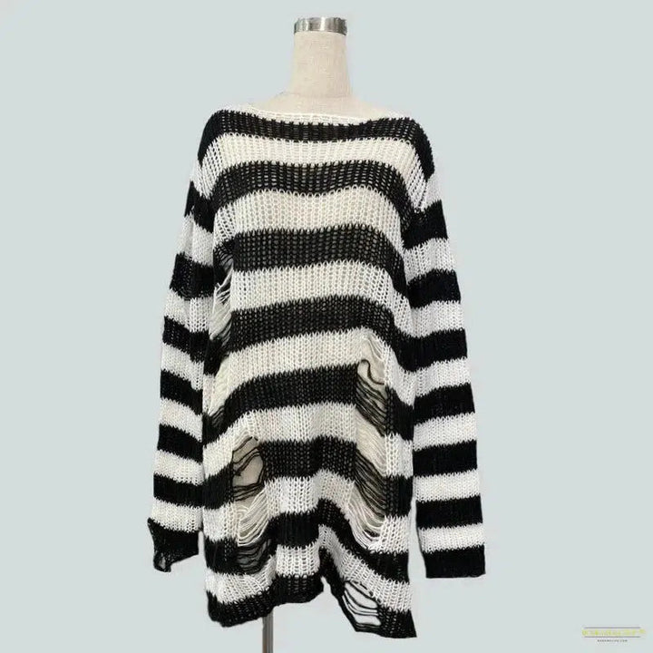 New Punk Gothic Long Sweater Women Dark Aesthetic Striped Pullovers Hollow Out Oversized Grunge Jumpers Emo Alt Clothes Y2k Tops