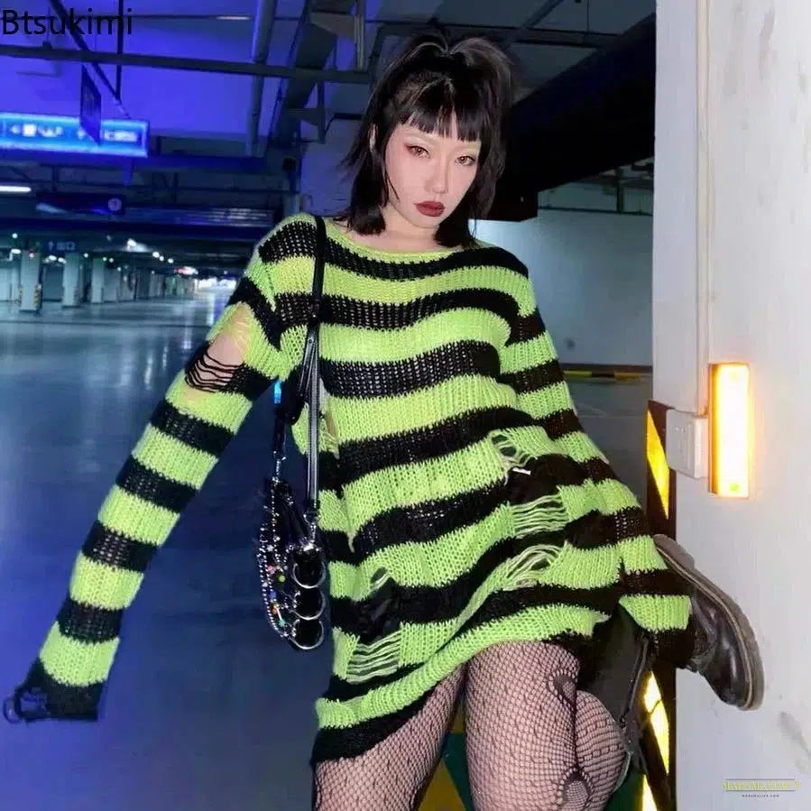 New Punk Gothic Long Sweater Women Dark Aesthetic Striped Pullovers Hollow Out Oversized Grunge Jumpers Emo Alt Clothes Y2k Tops