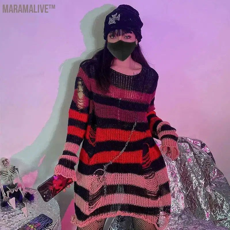 New Purple Striped Gothic Sweaters Women Ripped Holes Loose Knitted Pullover Frayed Fairy Grunge Jumpers Emo Streetwear Lolita