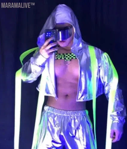 New Silver Futuristic Technology Set Men Sexy Gogo Costume Nightclub Bar Fluorescent Outfit Reflective Hooded Jacket Pants Suit