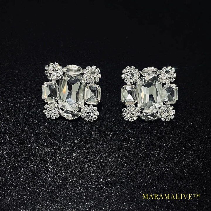 New Square Clip Earrings no Hole Wedding Jewelry Women Large Clear Crystal Rhinestone Clip on Earrings Ear Women