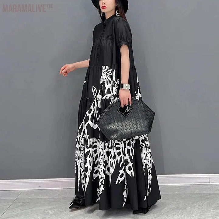 New Style Woman Summer Graffiti Printed Long Black Large Shirt Dress Big Size Loose Fit Tide Casual Robe Femme JJXD060