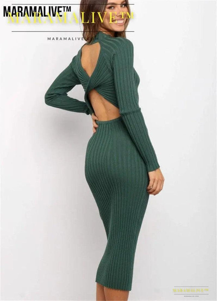 New Style Women's Suits Sweater Dresses Women's Solid Color Backless Bow Tight Dresses