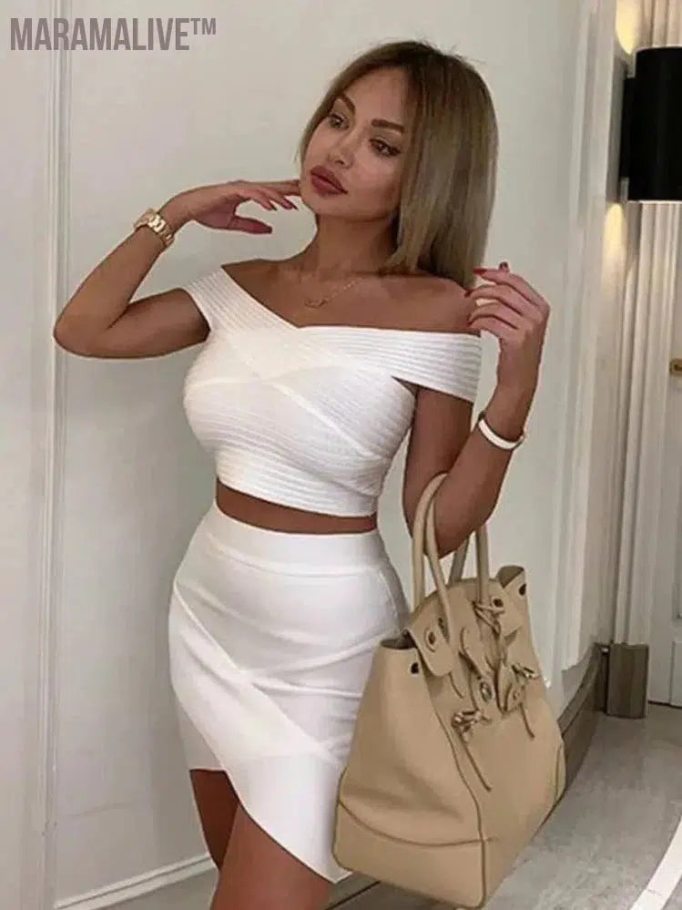 New Summer Dress Women Sexy Off the shoulder 2 Pieces White Bandage Dress Elegant Party Dress Vestido