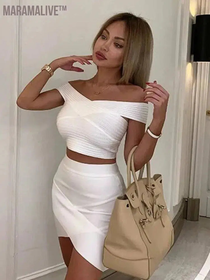 New Summer Dress Women Sexy Off the shoulder 2 Pieces White Bandage Dress Elegant Party Dress Vestido