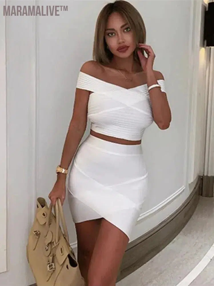 New Summer Dress Women Sexy Off the shoulder 2 Pieces White Bandage Dress Elegant Party Dress Vestido