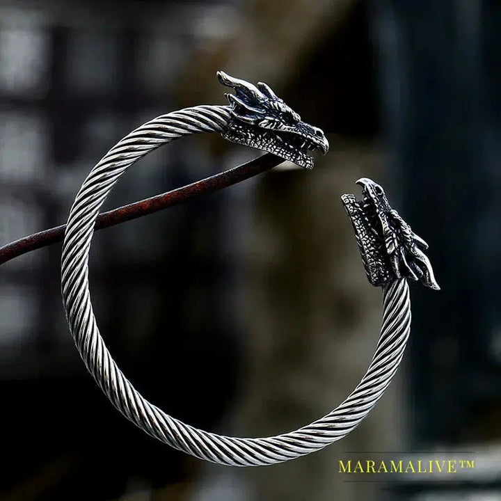 New Unique Design Stainless Steel Double Dragon Heads Bracelet Punk Cool Bangle For Men Animal Biker Jewelry Gift