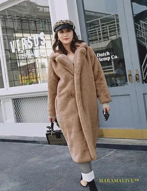 New Women Autumn Winter Furry Warm Fur Outerwear Fashion Loose Faux Fur Rabbit Long Jacket Casual Thickened Fur Coat