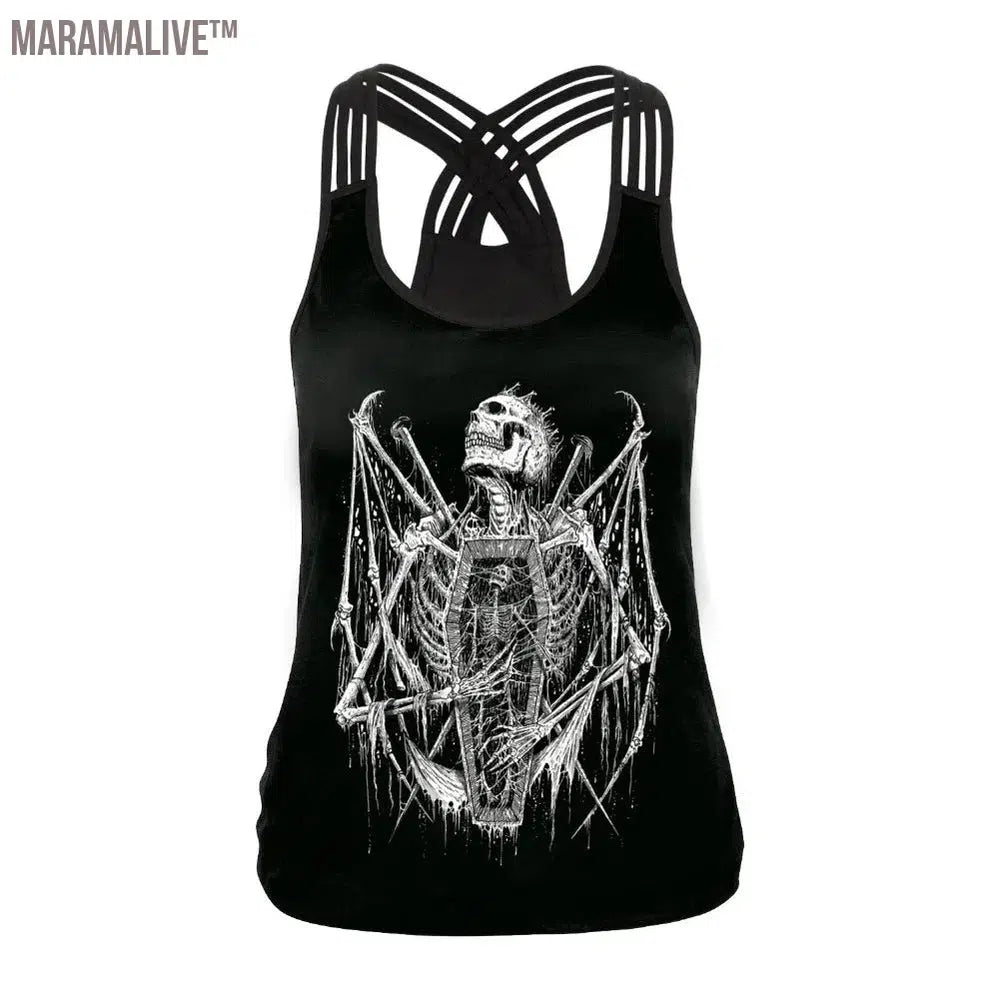 New Women Tops Fashion Halloween Graphic Tank Tops Gothic Camisole Cross Straps Sleeveless Vest Tshirt