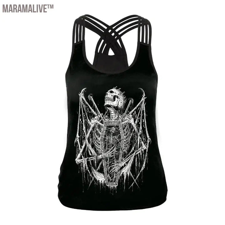 New Women Tops Fashion Halloween Graphic Tank Tops Gothic Camisole Cross Straps Sleeveless Vest Tshirt