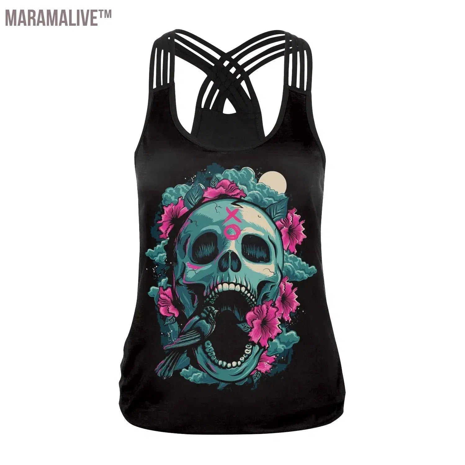 New Women Tops Fashion Halloween Graphic Tank Tops Gothic Camisole Cross Straps Sleeveless Vest Tshirt