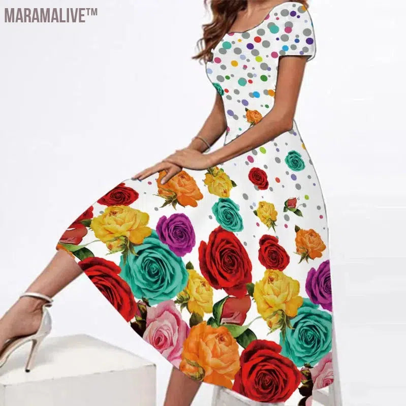 New Women's Square Collar plus Size Short Sleeve Printed Long Dress Positioning Printing La