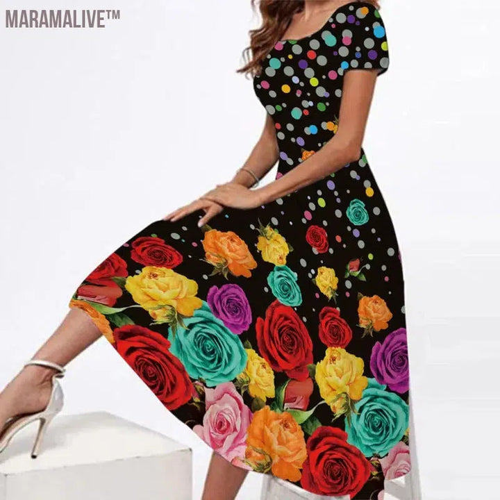 New Women's Square Collar plus Size Short Sleeve Printed Long Dress Positioning Printing La