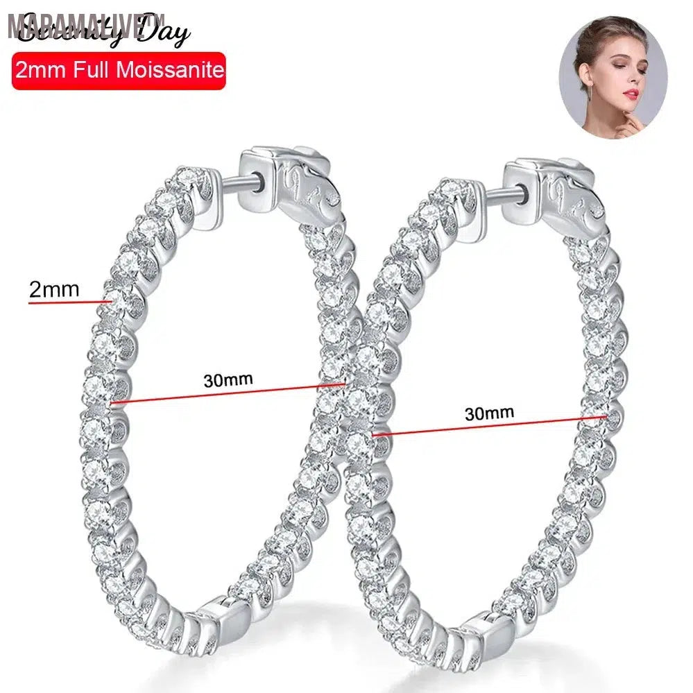 Newest D Color 2mm Full Moissanite Hoop Earrings S925 Sterling Silver Stud Ear Plate Pt950 Jewelry For Women Gift