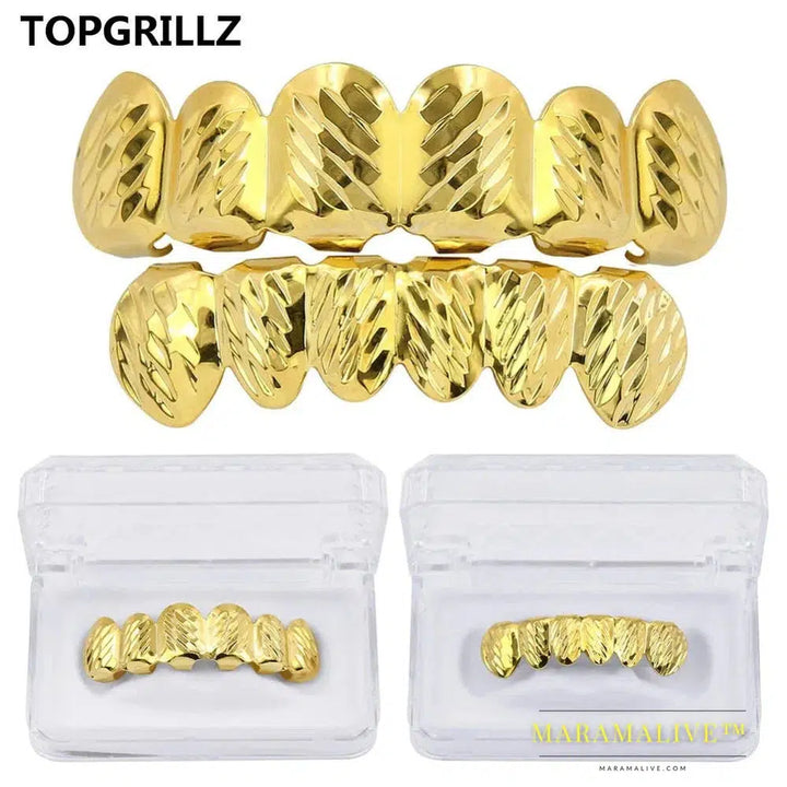 Newest Fit D - Cut 6 Tooth Gold Color Plated Top & Bottom Hip Hop GRILLZ SET for Halloween Christmas Party