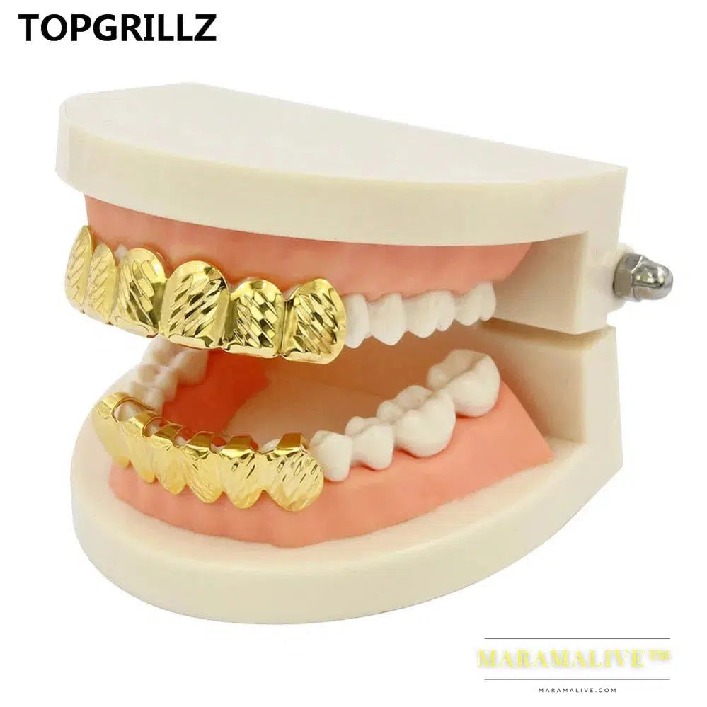 Newest Fit D - Cut 6 Tooth Gold Color Plated Top & Bottom Hip Hop GRILLZ SET for Halloween Christmas Party