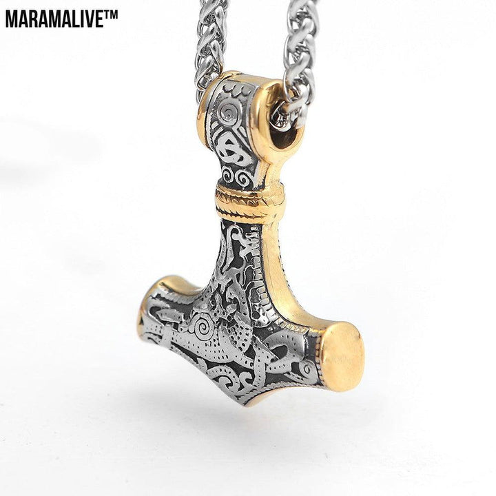 Nordic King Viking Aoding Rune Pendant | Stainless Steel Hammer necklace with Gold