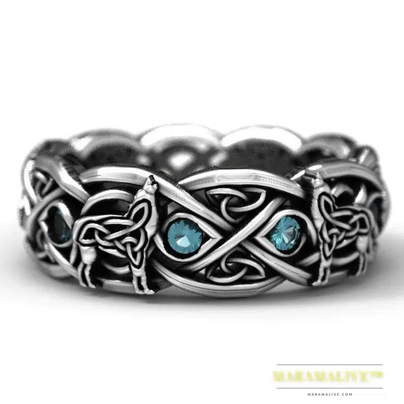 Nordic Mythology Giant Wolf Unisex Ring Sky Blue Stone Hip Hop Rock Men/Women Gift Punk Rings