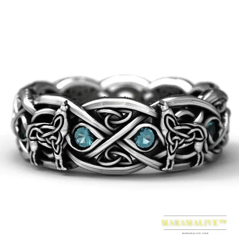 Nordic Mythology Giant Wolf Unisex Ring Sky Blue Stone Hip Hop Rock Men/Women Gift Punk Rings