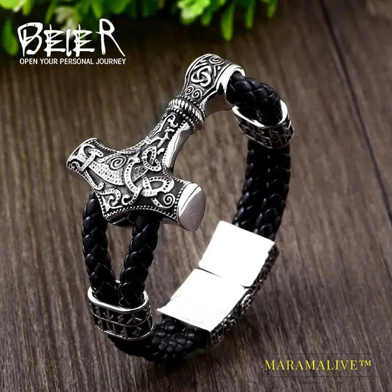 Nordic Viking Men's Bracelet Nevis Viking Letter Stack Triangle Hammer Amulet Bracelet