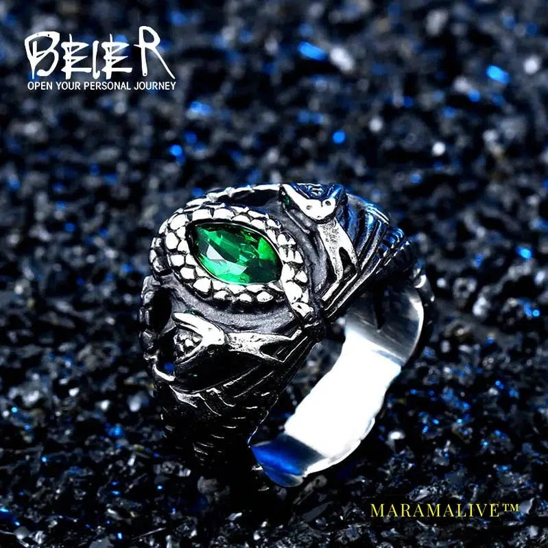 Norse Viking Amulet Snake Green Eyes Odin 's Symbol For Men Scandinavian Ring Jewelry