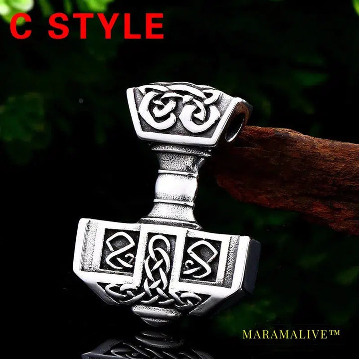 Norse Viking Pendant Necklace Thor's Hammer Mjolnir Scandinavian Rune Odin Amulet Men Jewelry