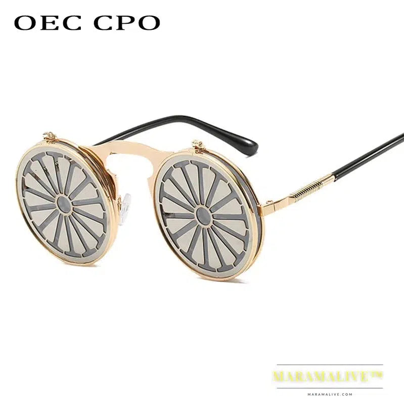 OEC CPO Metal Round Steampunk Sunglasses Women Fashion Glasses Men Windmill Flip Design Frame Personality Eyeglasses UV400