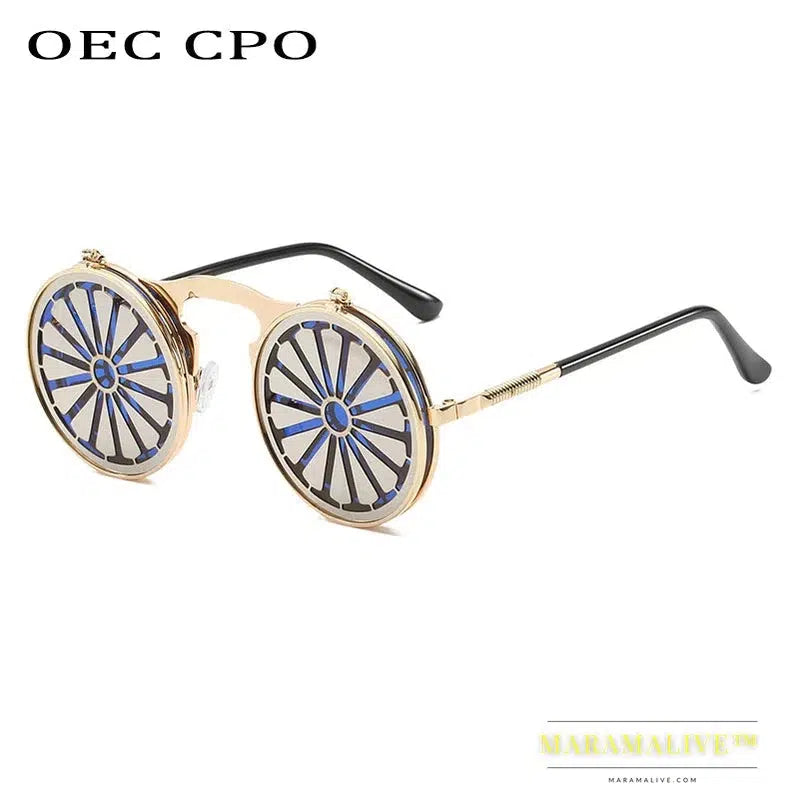 OEC CPO Metal Round Steampunk Sunglasses Women Fashion Glasses Men Windmill Flip Design Frame Personality Eyeglasses UV400