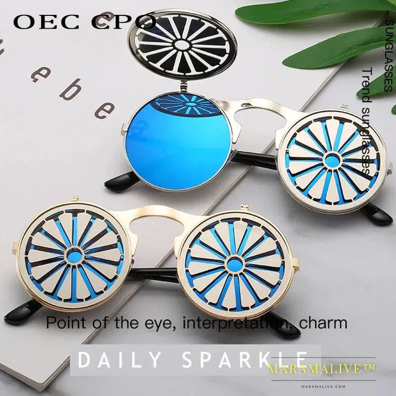 OEC CPO Metal Round Steampunk Sunglasses Women Fashion Glasses Men Windmill Flip Design Frame Personality Eyeglasses UV400