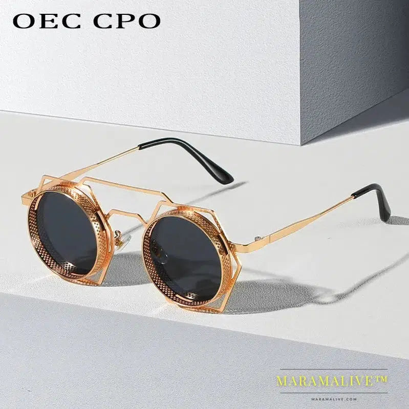 OEC CPO Steampunk Round Sunglasses Women Men 2023 Metal Mesh Personality Sun Glasses Female Eyewear Goggle UV400 Shades Oculos