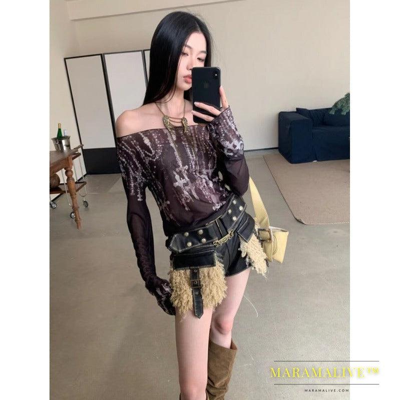 Off-shoulder Printed Mesh Long Sleeve Bottoming Shirt Sun Protection Shirt