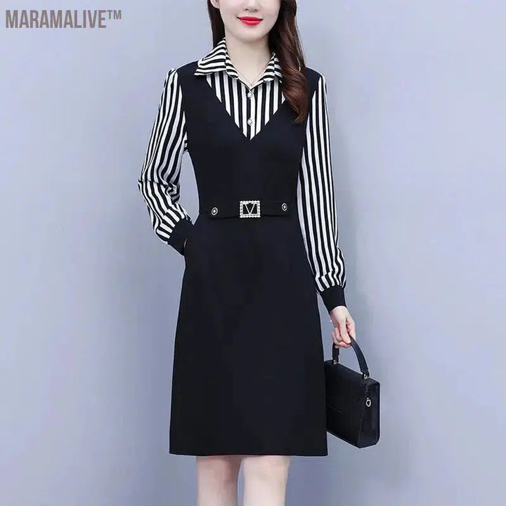 Office Lady Fake Two Piece Dress Large Size Striped Turn Down Collar Sequined Belt Decorate Lantern Sleeve Knee Length Dresses