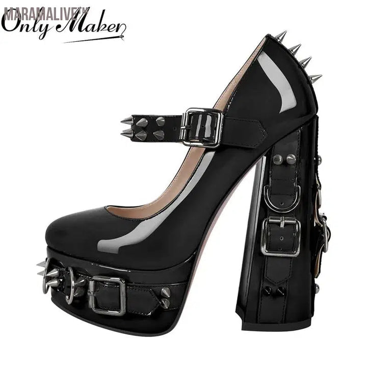 Onlymaker Women Mary-Jane Platform Gothic Buckle Belt Ring Rivet Shinny Chunky High Heels Ankle Strap Heeled Punk Pumps