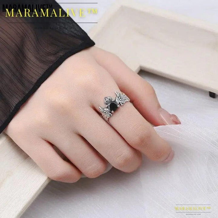 Onyx and S925 Silver Crown Ring | Winged Captivating Magic