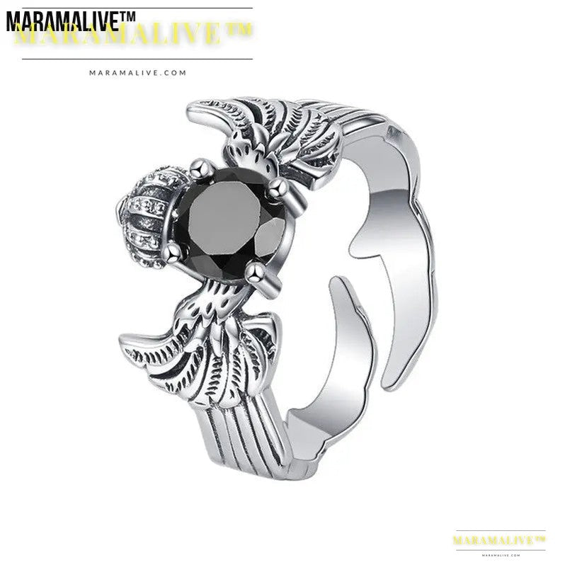 Onyx and S925 Silver Crown Ring | Winged Captivating Magic