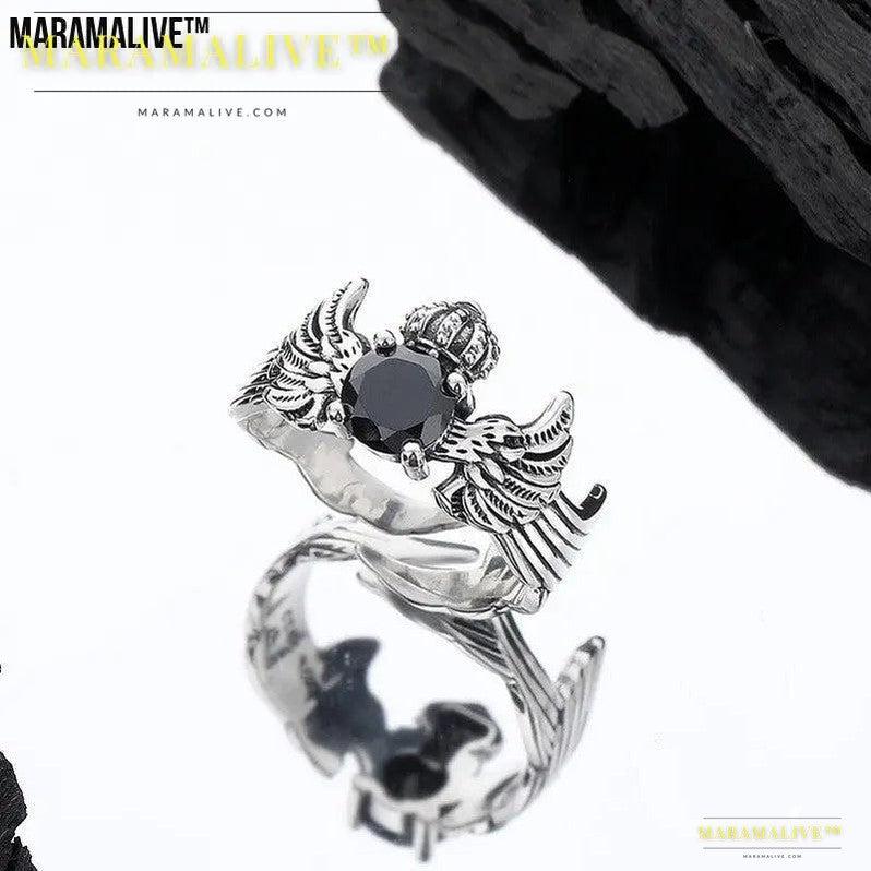 Onyx and S925 Silver Crown Ring | Winged Captivating Magic