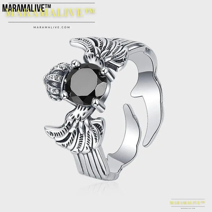 Onyx and S925 Silver Crown Ring | Winged Captivating Magic