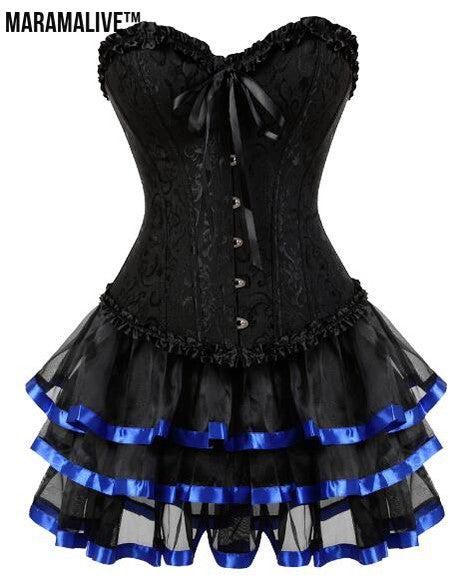 Overbust Burlesque Corset And Skirt Set Tutu Corselet Victorian Fashion Gowns