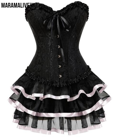 Overbust Burlesque Corset And Skirt Set Tutu Corselet Victorian Fashion Gowns