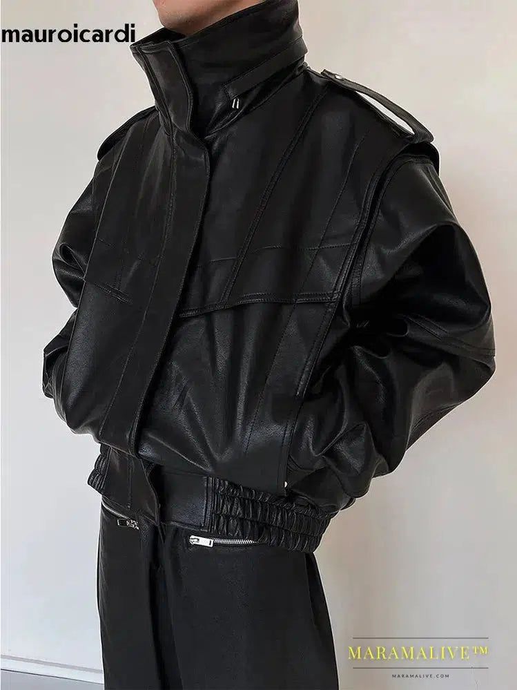 Oversized Cool Waterproof Windproof Black Pu Leather Jacket Men Zip Up Luxury Designer Clothes 2023