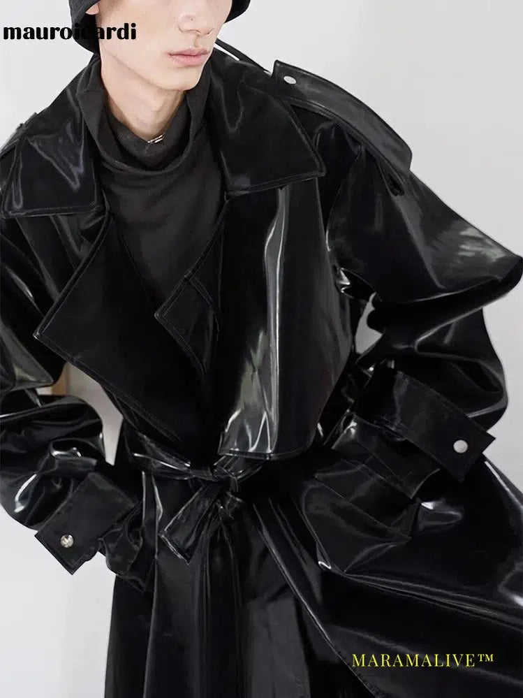 Oversized Luxury Reflective Shiny Patent Leather Trench Coat Men Fashion 2022 Belt Waterproof Rain Coat